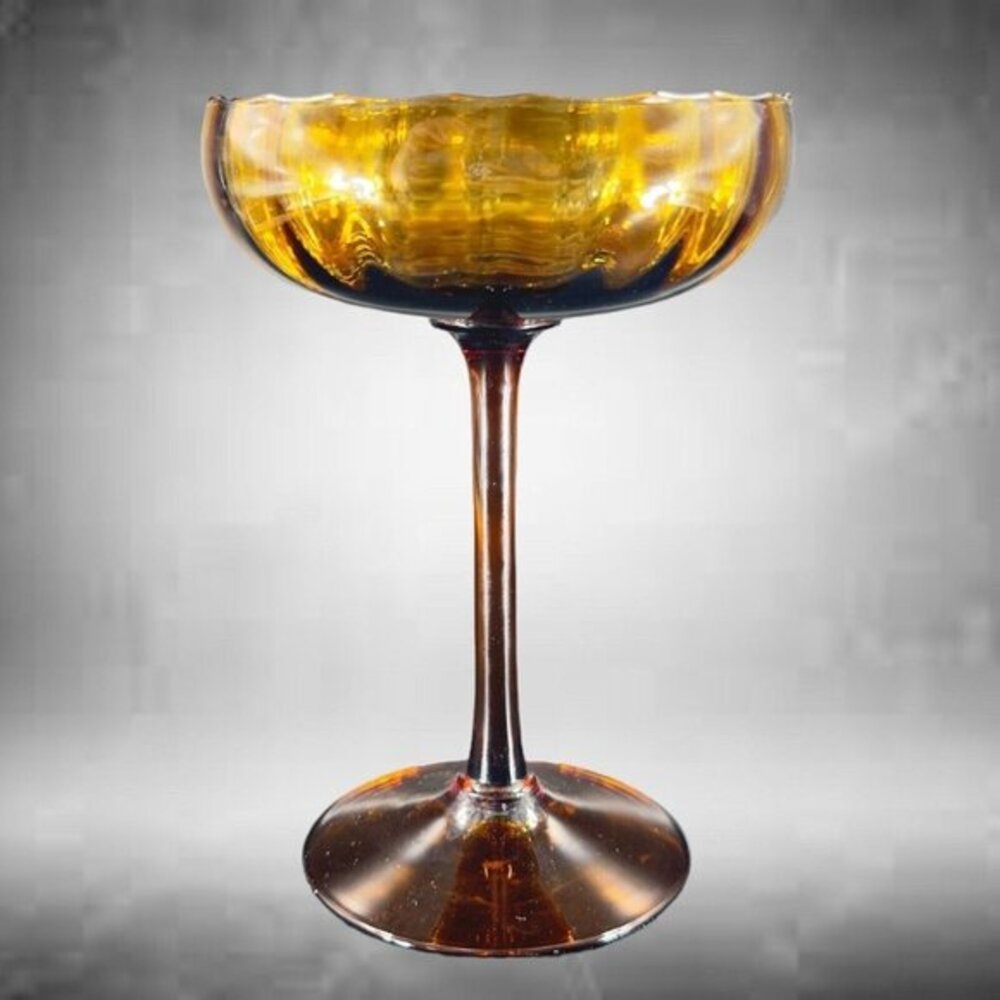 Venetian‎ Empoli Optic Compote Footed Dark Amber Glass Candle Holder Votive VTG